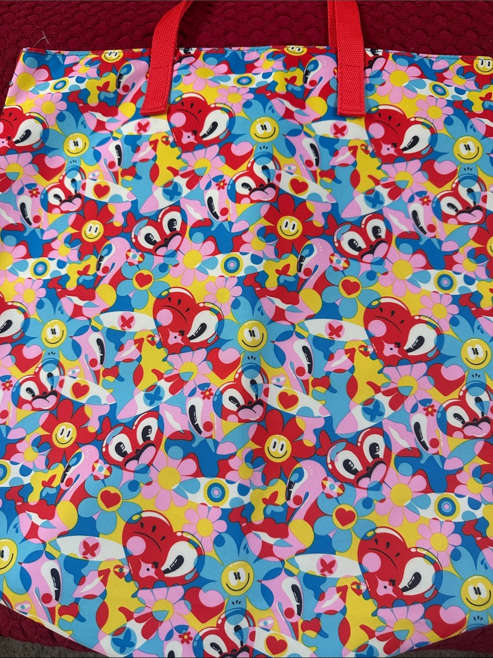 Este Lauder Colorful smiley Floral and heart Tote Bag with Red Handles